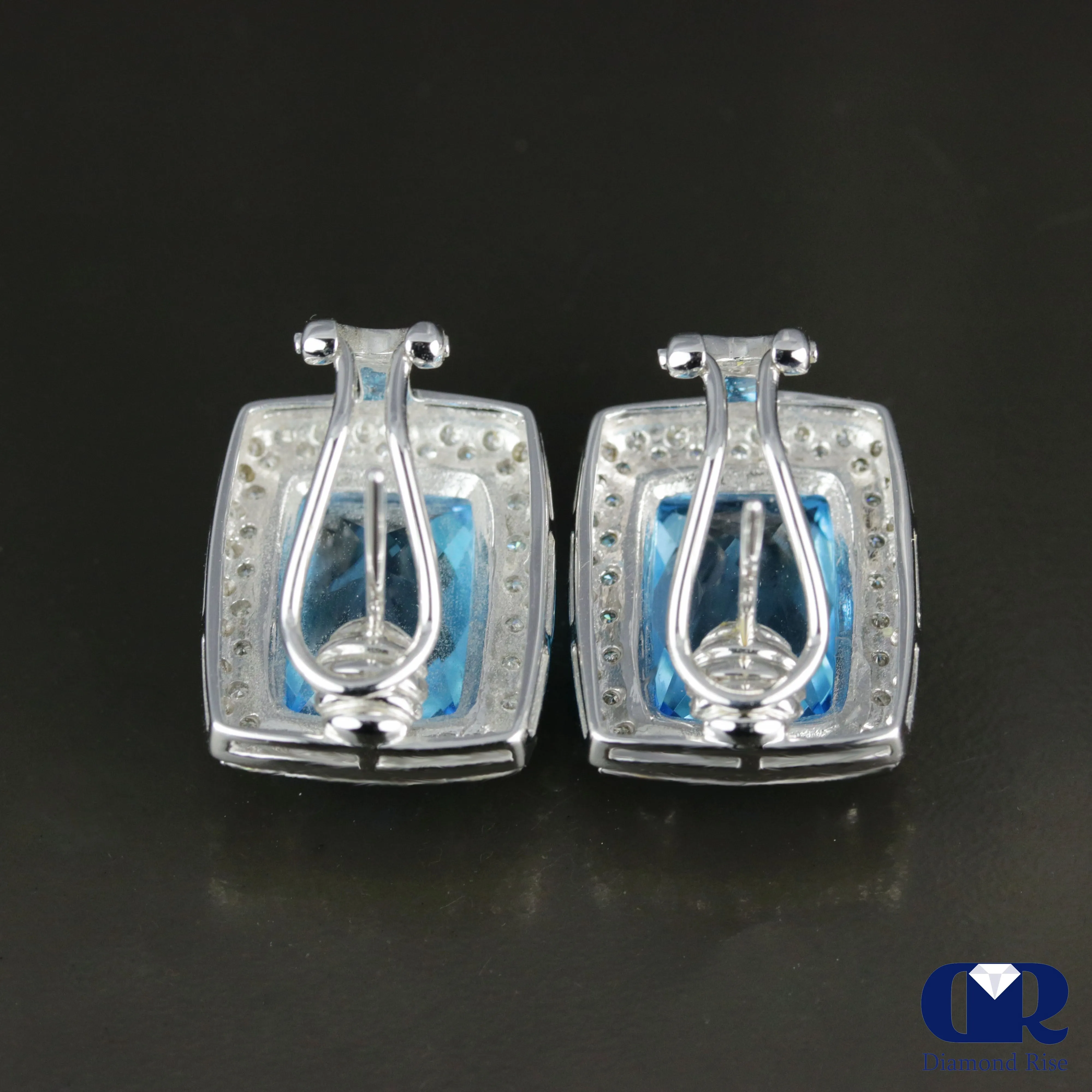 Cushion Cut Blue Topaz & Diamond Earrings In 14K Gold With Omega Back