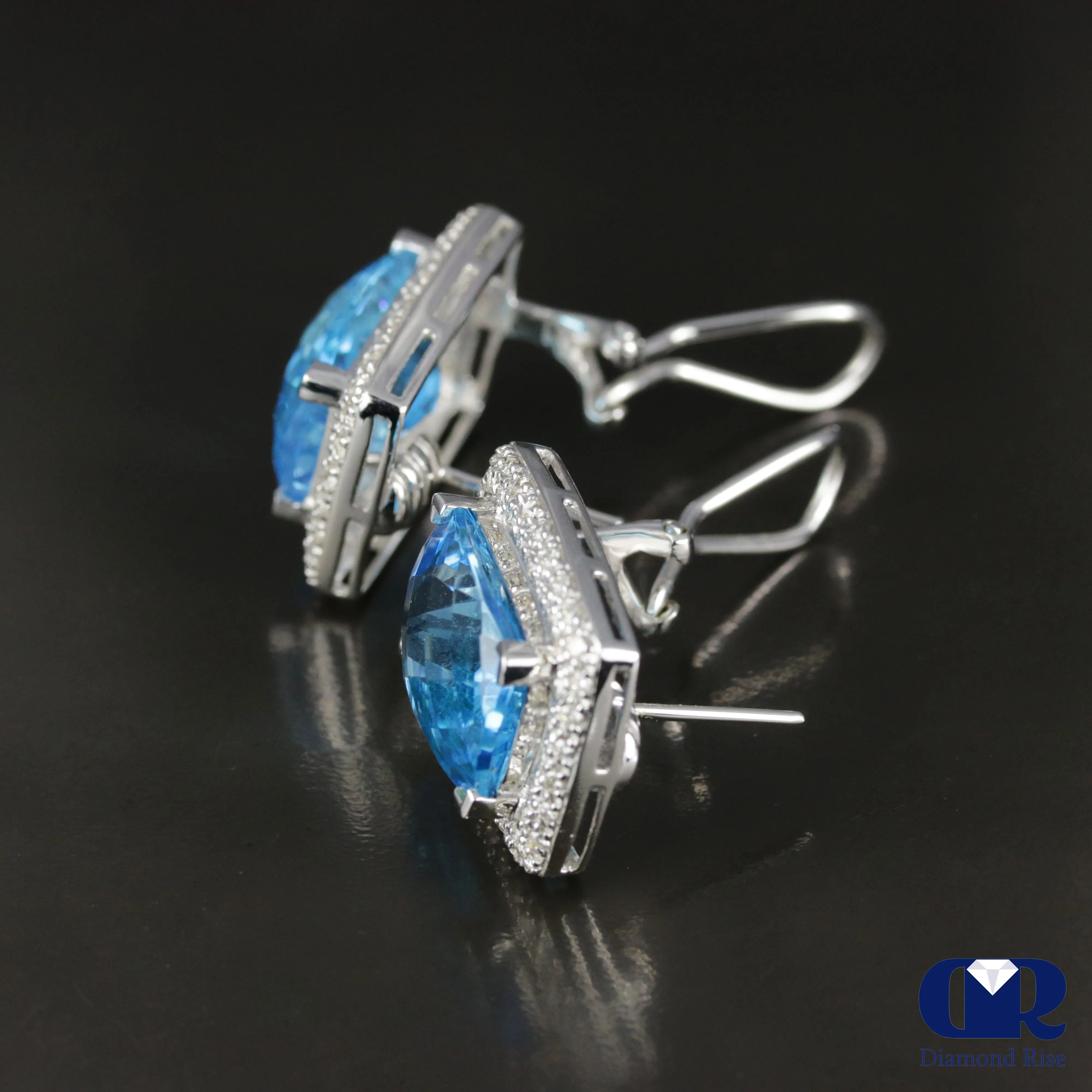 Cushion Cut Blue Topaz & Diamond Earrings In 14K Gold With Omega Back