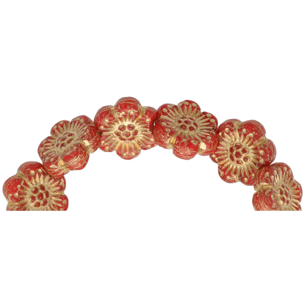 Czech Glass 14mm Burnt Orange Opaline with Gold Wash Wild Rose Bead Strand by Raven's Journey