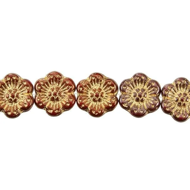 Czech Glass 14mm Maroon Red Opaque Bronzed with Gold Wash Wild Rose Bead Strand by Raven's Journey