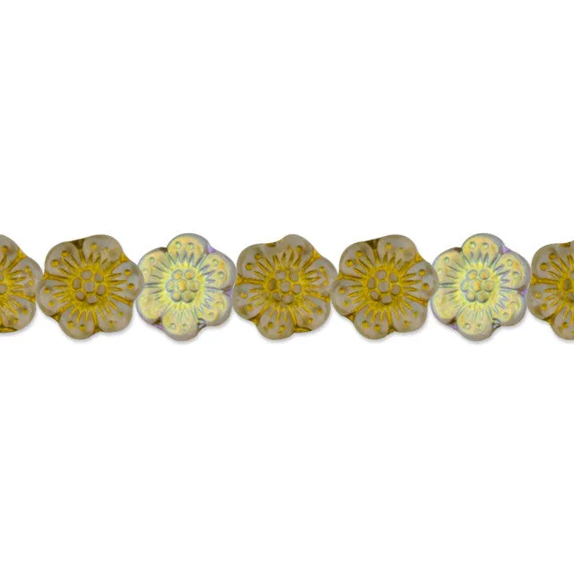 Czech Glass 14mm Wild Rose Crystal Transparent Matte with AB Finish Half Coat and Gold Wash Bead Strand by Raven's Journey