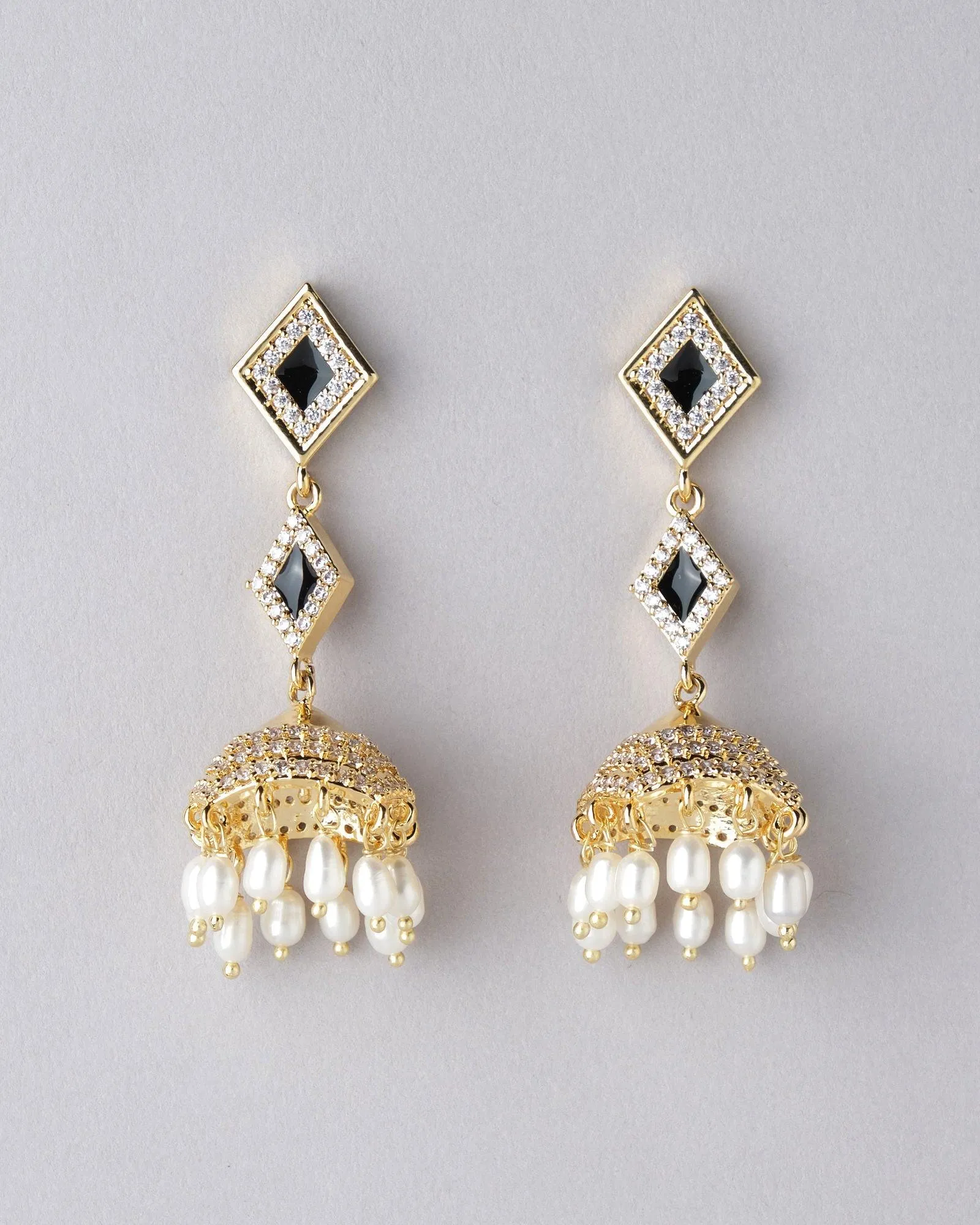 Dual Regal Stone Studded Enamel Pearl Hanging Jhumka
