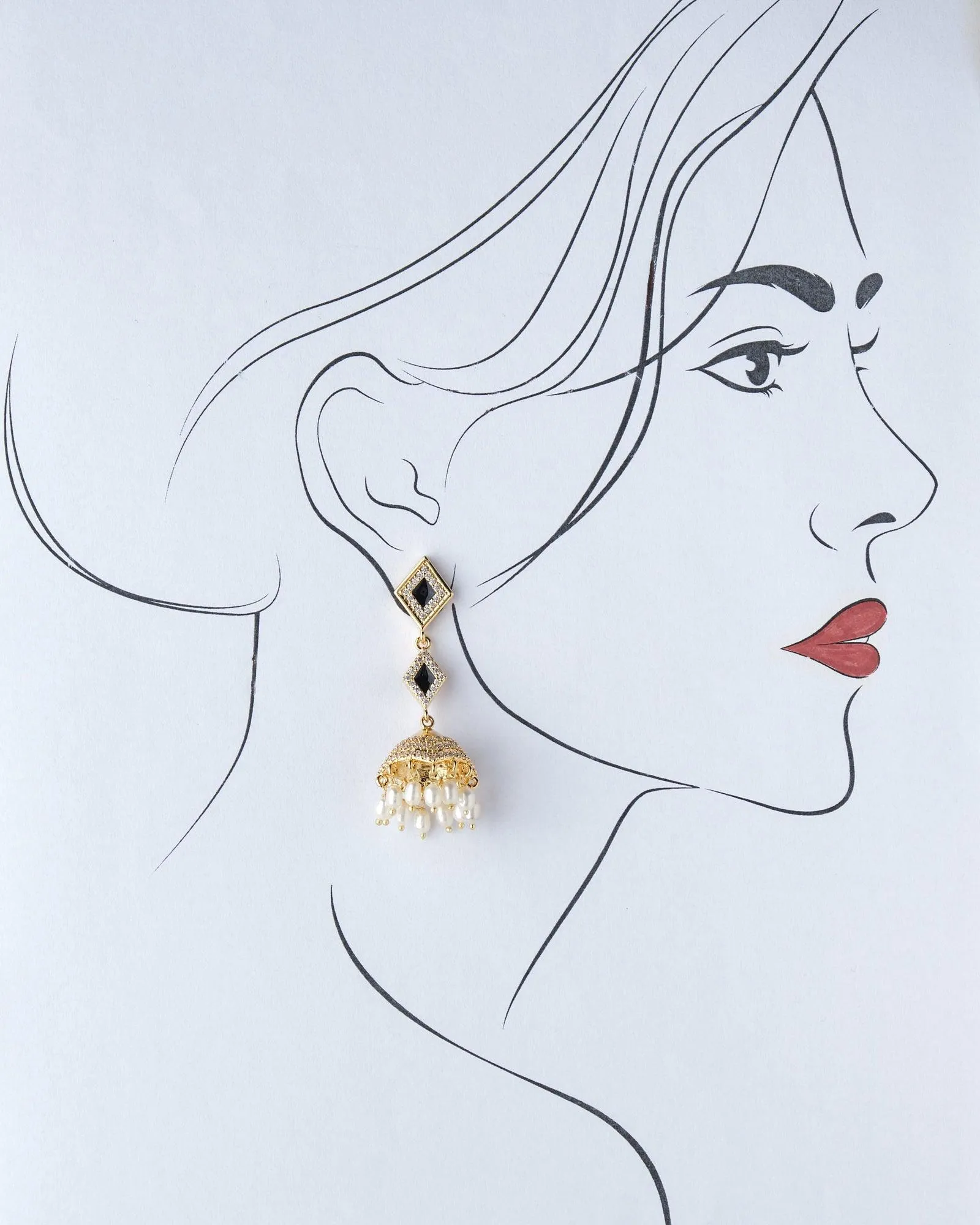 Dual Regal Stone Studded Enamel Pearl Hanging Jhumka