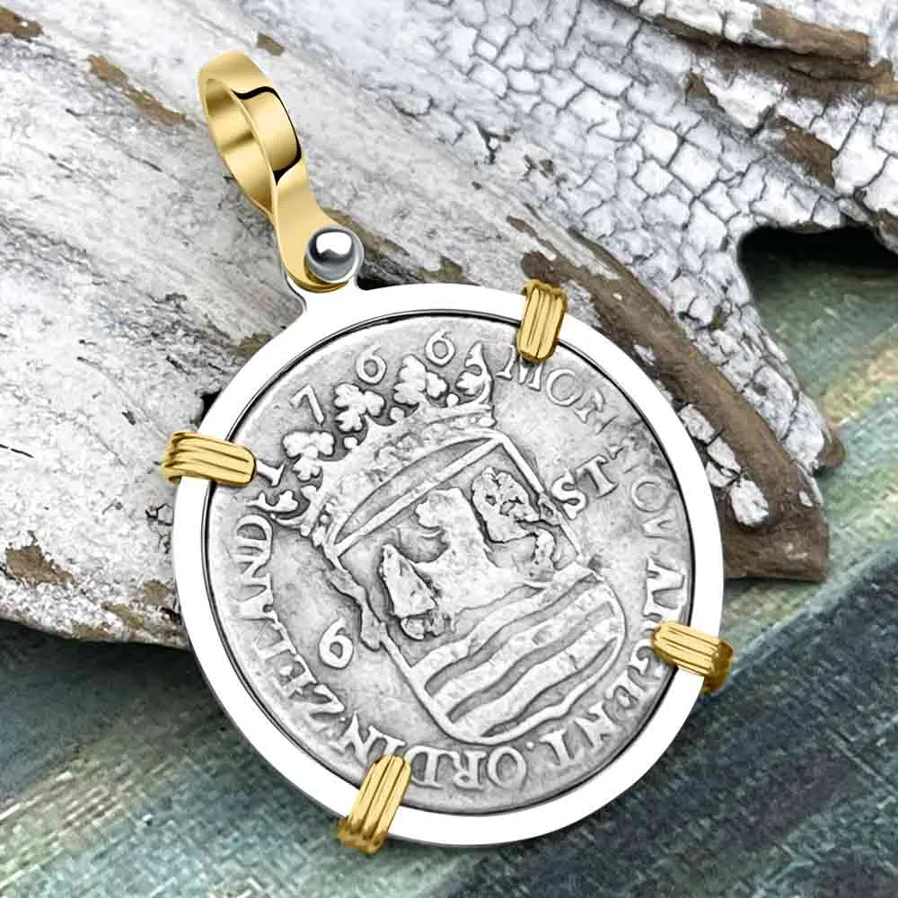 Dutch East India Company 1766 Silver 6 Stuiver Ship Shilling I Struggle and Survive 14K Gold & Sterling Silver Pendant | Artifact #3669