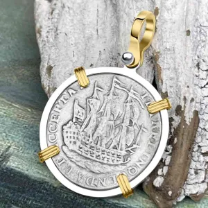 Dutch East India Company 1766 Silver 6 Stuiver Ship Shilling I Struggle and Survive 14K Gold & Sterling Silver Pendant | Artifact #3669