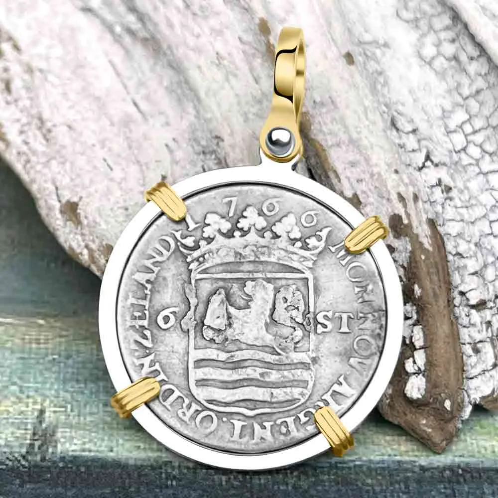 Dutch East India Company 1766 Silver 6 Stuiver Ship Shilling I Struggle and Survive 14K Gold & Sterling Silver Pendant | Artifact #3669