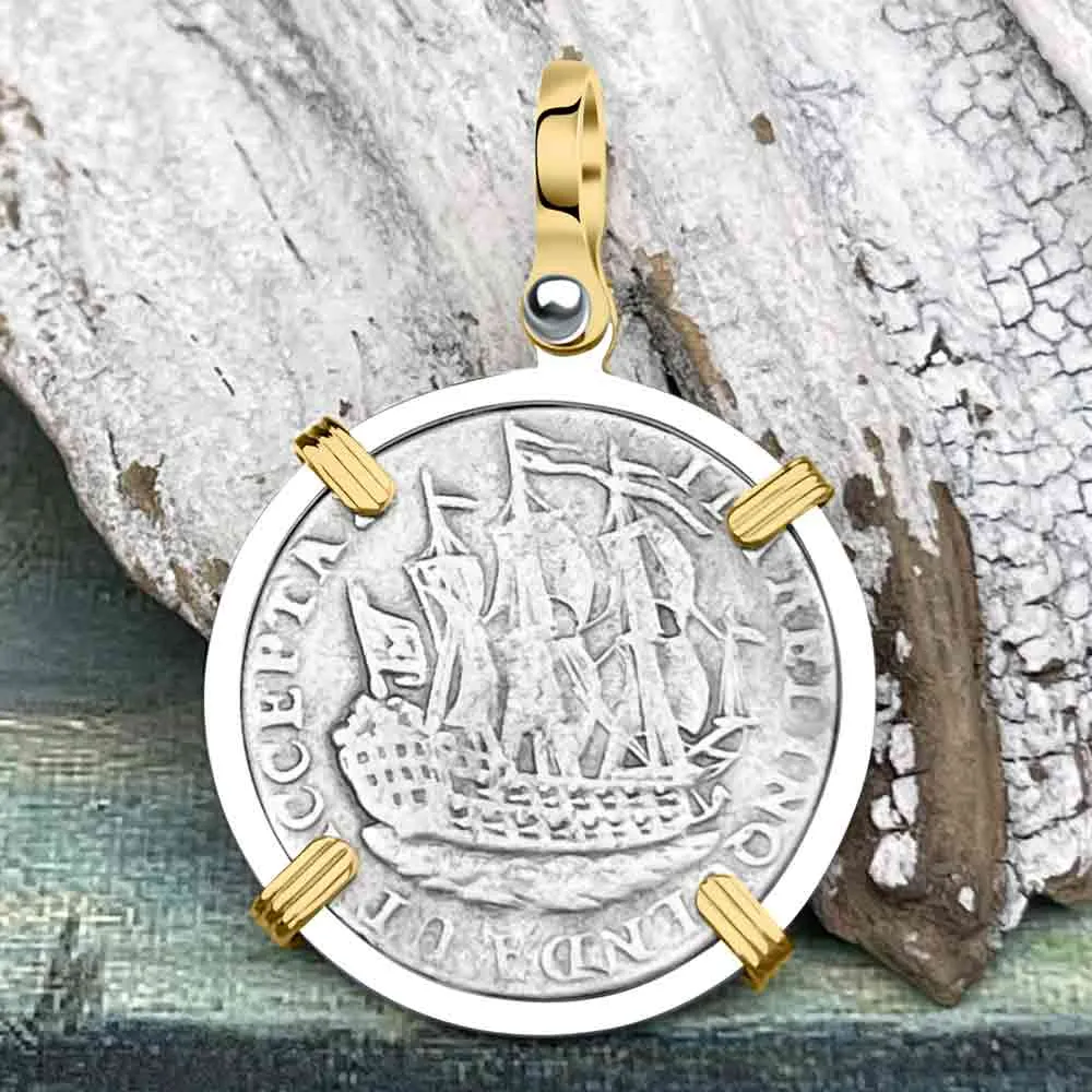 Dutch East India Company 1766 Silver 6 Stuiver Ship Shilling I Struggle and Survive 14K Gold & Sterling Silver Pendant | Artifact #3669
