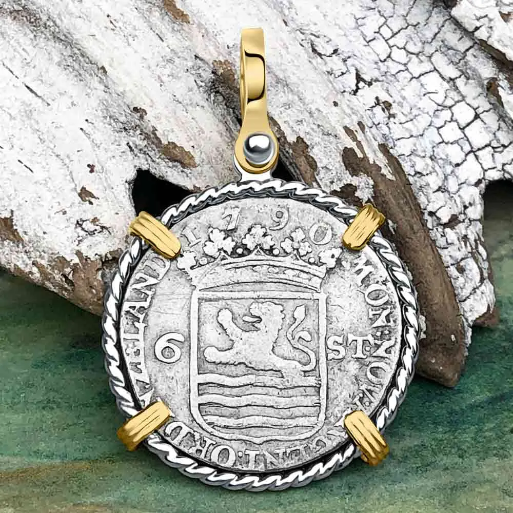 Dutch East India Company 1790 Silver 6 Stuiver Ship Shilling I Struggle and Survive 14K Gold & Sterling Silver Pendant | Artifact #3670