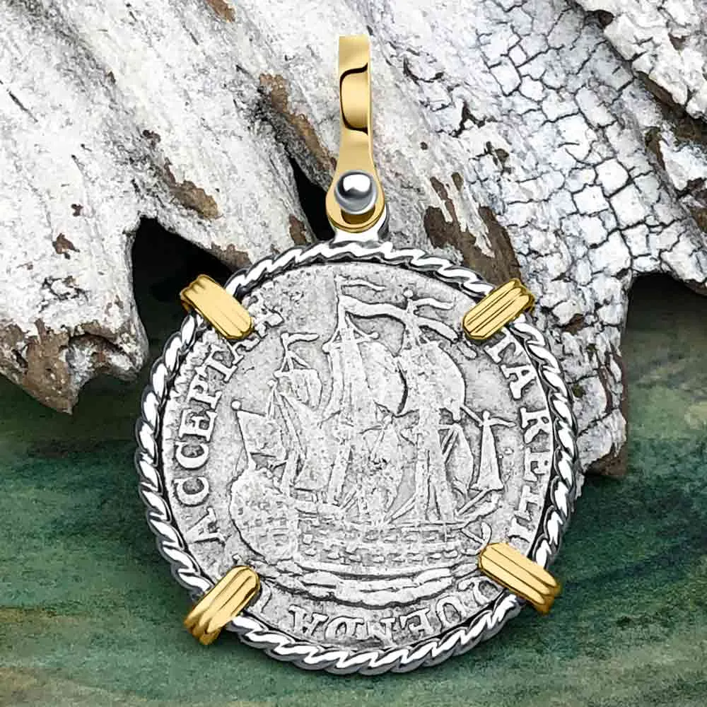 Dutch East India Company 1790 Silver 6 Stuiver Ship Shilling I Struggle and Survive 14K Gold & Sterling Silver Pendant | Artifact #3670