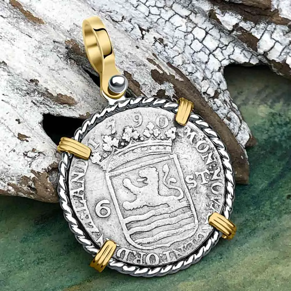 Dutch East India Company 1790 Silver 6 Stuiver Ship Shilling I Struggle and Survive 14K Gold & Sterling Silver Pendant | Artifact #3670