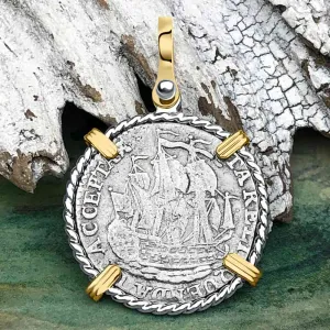 Dutch East India Company 1790 Silver 6 Stuiver Ship Shilling I Struggle and Survive 14K Gold & Sterling Silver Pendant | Artifact #3670