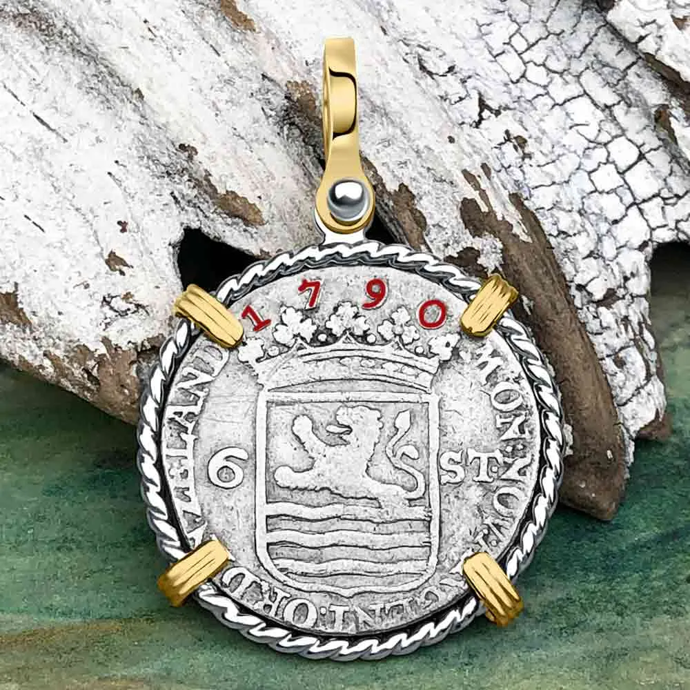 Dutch East India Company 1790 Silver 6 Stuiver Ship Shilling I Struggle and Survive 14K Gold & Sterling Silver Pendant | Artifact #3670