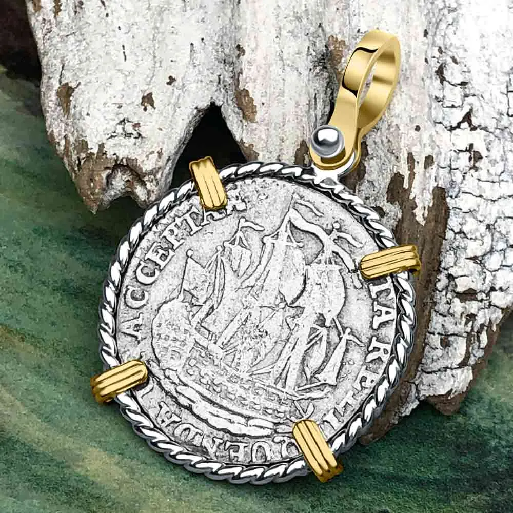 Dutch East India Company 1790 Silver 6 Stuiver Ship Shilling I Struggle and Survive 14K Gold & Sterling Silver Pendant | Artifact #3670