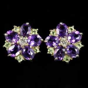 Edwardian Suffragette Style Cluster Flower Earrings Amethyst Peridot Diamond 9ct Gold