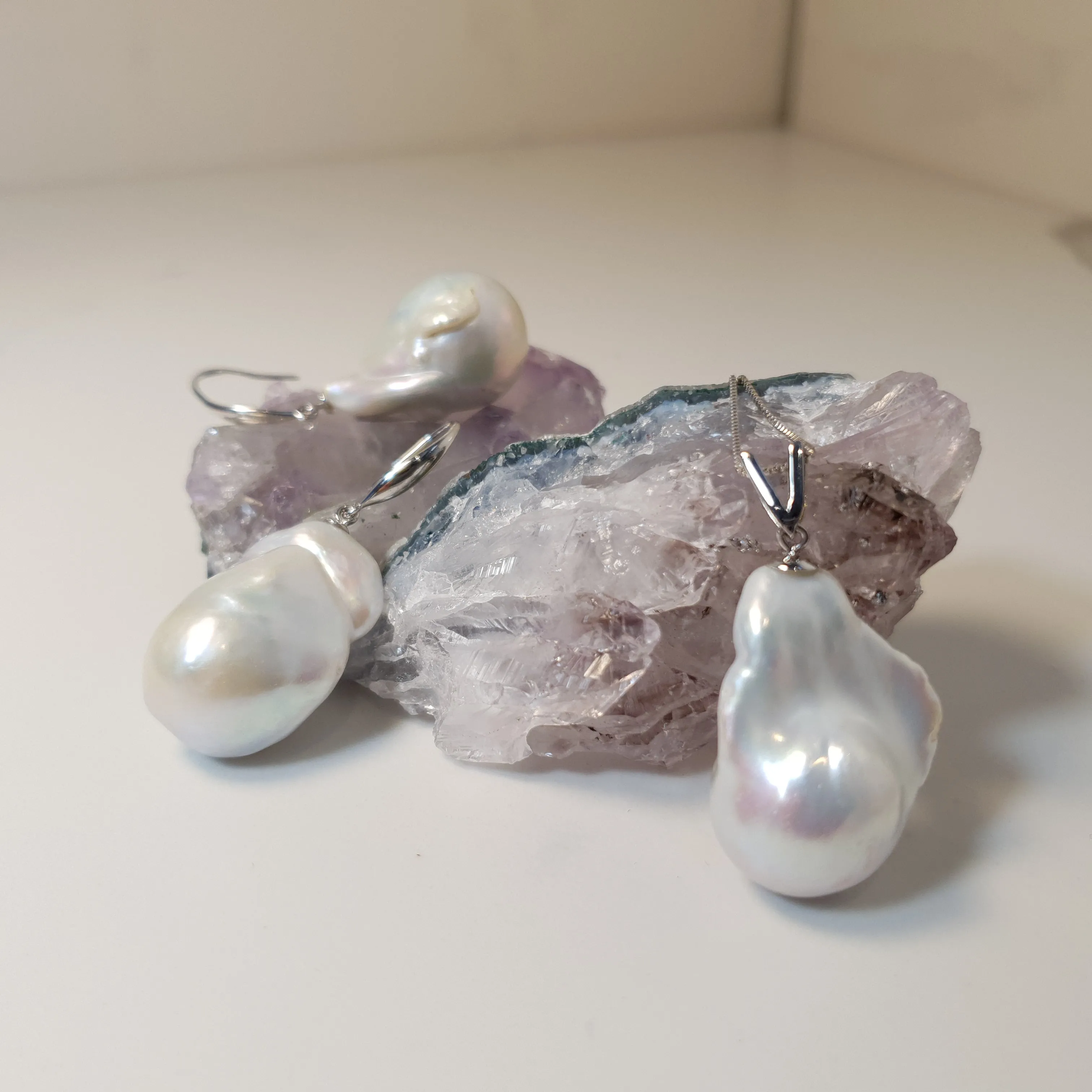 Extra large Baroque pearl set, sterling silver