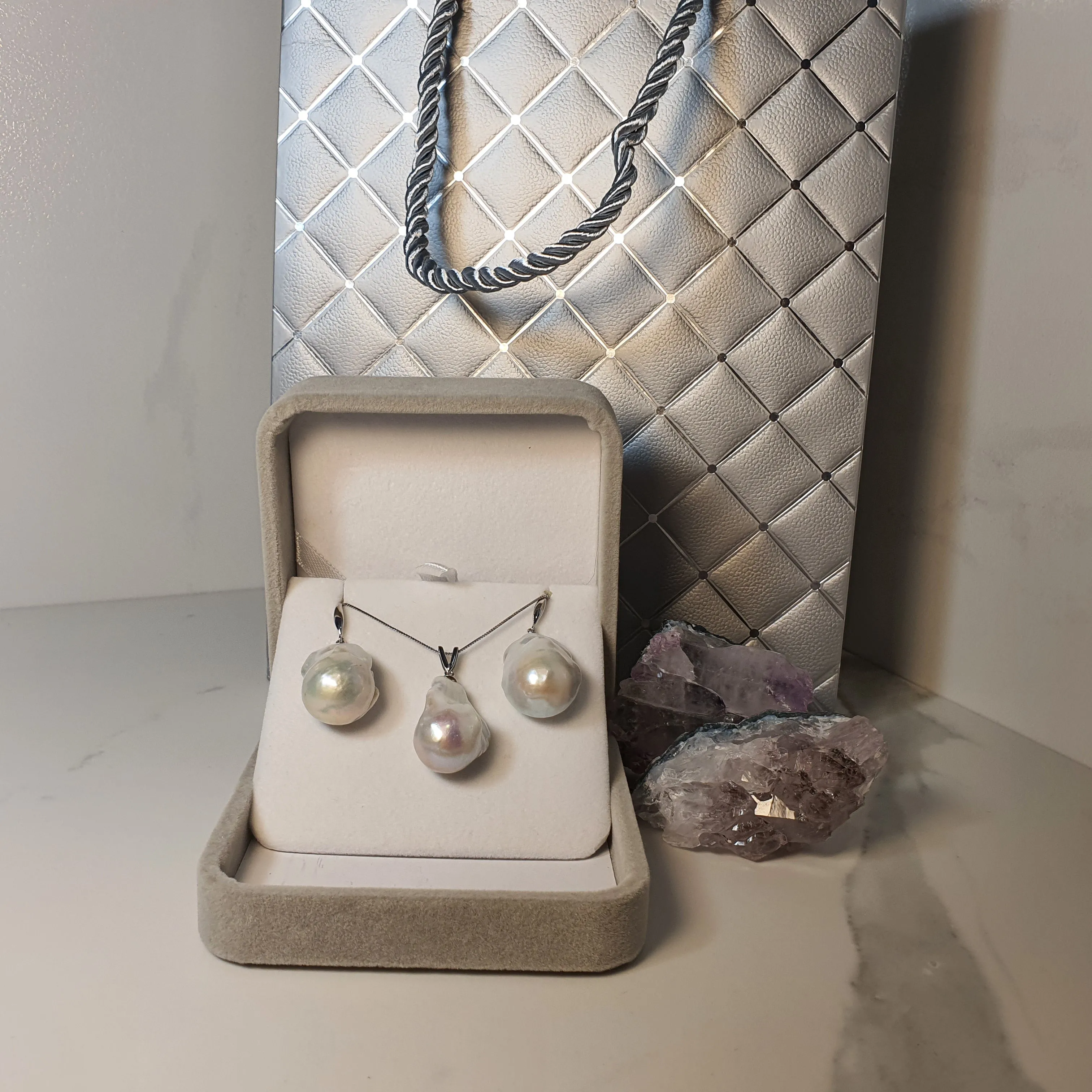 Extra large Baroque pearl set, sterling silver