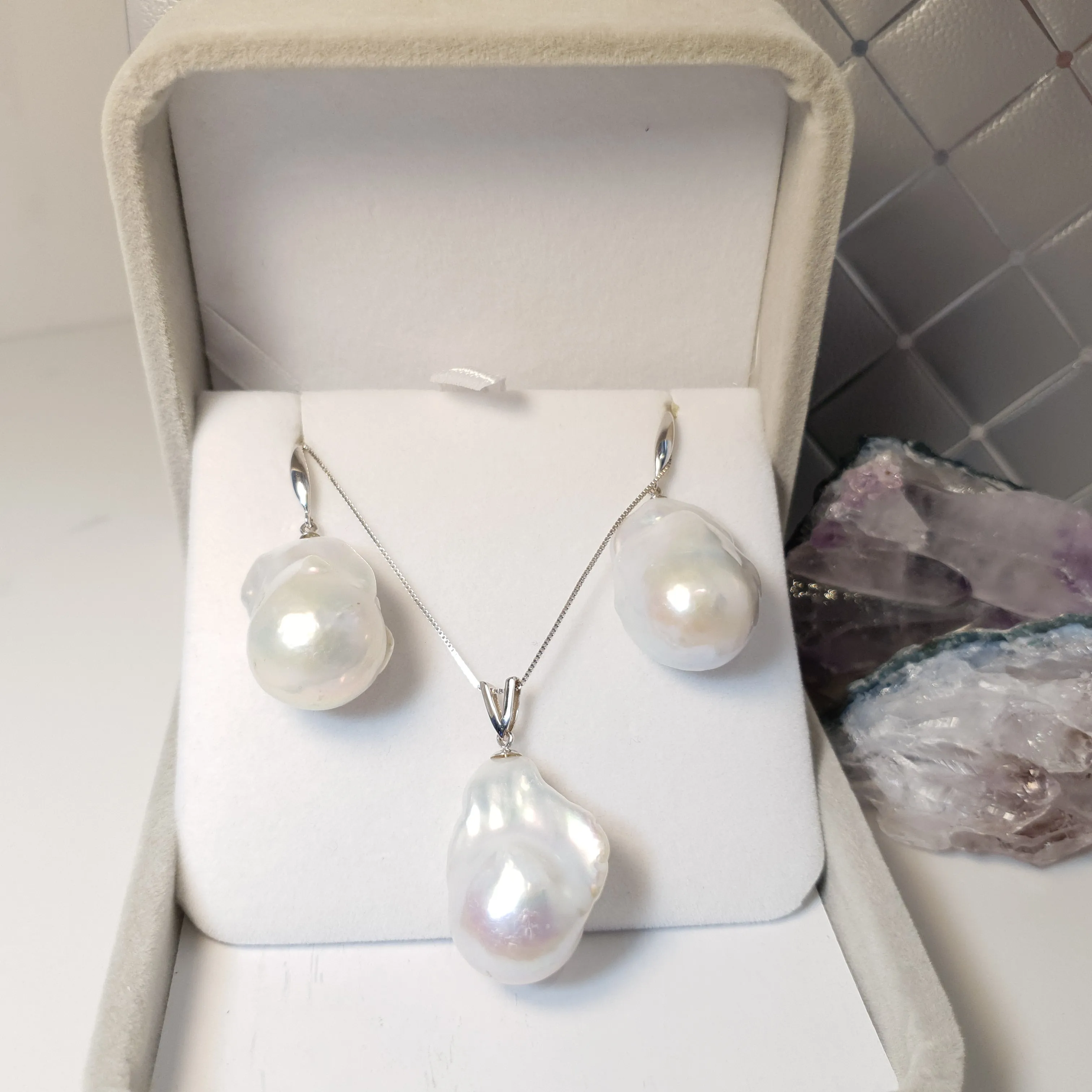 Extra large Baroque pearl set, sterling silver