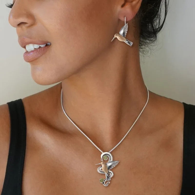 FOSSILIZED WALRUS TUSK HUMMINGBIRD NECKLACE SILVER WITH PERIDOT, HANDMADE SILVER - HUMMINGBIRD FLIGHT