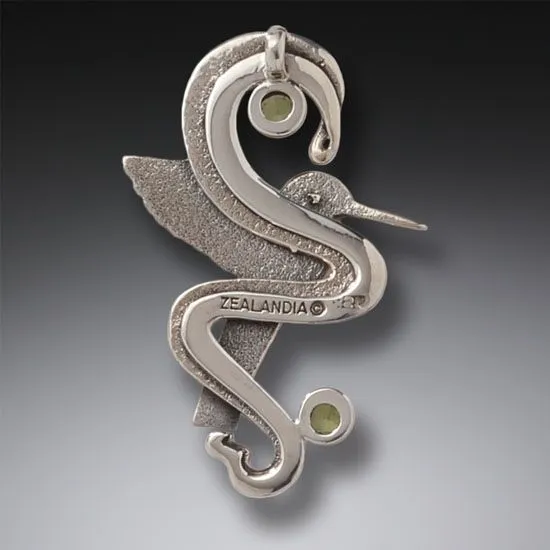 FOSSILIZED WALRUS TUSK HUMMINGBIRD NECKLACE SILVER WITH PERIDOT, HANDMADE SILVER - HUMMINGBIRD FLIGHT