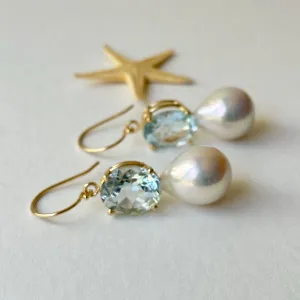 GLAMOROUS METALLIC LUSTER BLUE TOPAZ 14K PEARL EARRINGS