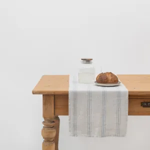 Grey Blue Wide Stripe Rustic Linen Table Runner