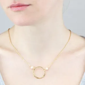 Hammered Hoop & Pearl Pendant Necklace | AAA 6mm Natural White Freshwater Cultured