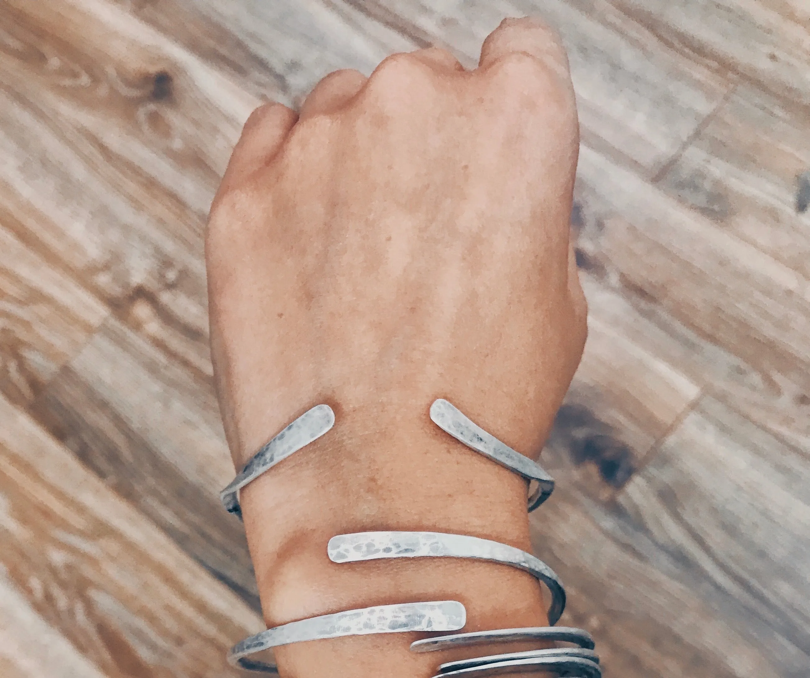 Hammered Sterling Silver Bracelet With 14K Gold