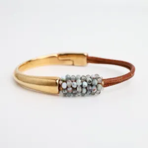 Hand Stitched Blue Labradorite, Aquamarine, Larimar on Leather & Rose Gold 1/2 Cuff Bracelet