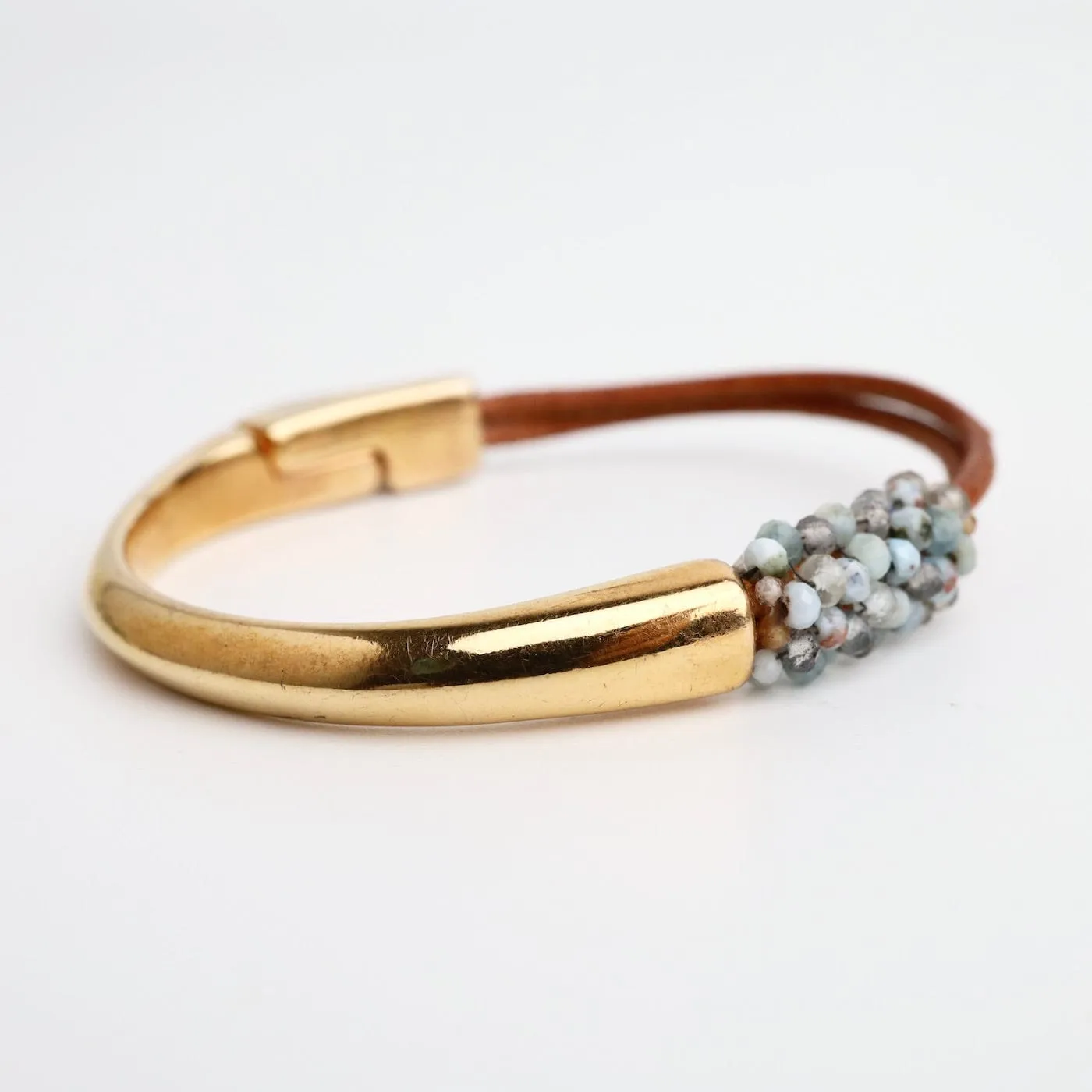 Hand Stitched Blue Labradorite, Aquamarine, Larimar on Leather & Rose Gold 1/2 Cuff Bracelet