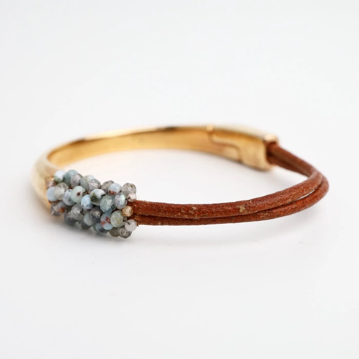 Hand Stitched Blue Labradorite, Aquamarine, Larimar on Leather & Rose Gold 1/2 Cuff Bracelet