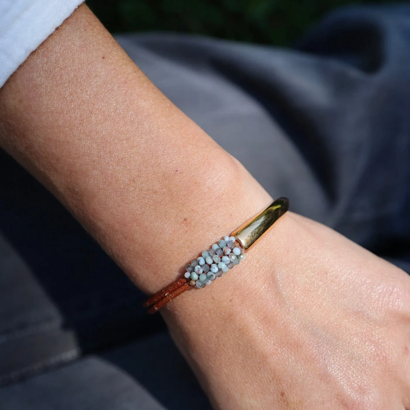 Hand Stitched Blue Labradorite, Aquamarine, Larimar on Leather & Rose Gold 1/2 Cuff Bracelet