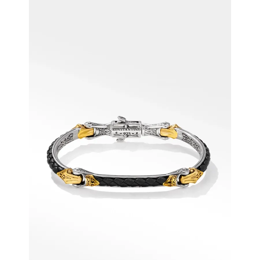 Konstantino Mens Alchemy Silver and Bronze Black Leather Bracelet