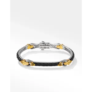 Konstantino Mens Alchemy Silver and Bronze Black Leather Bracelet