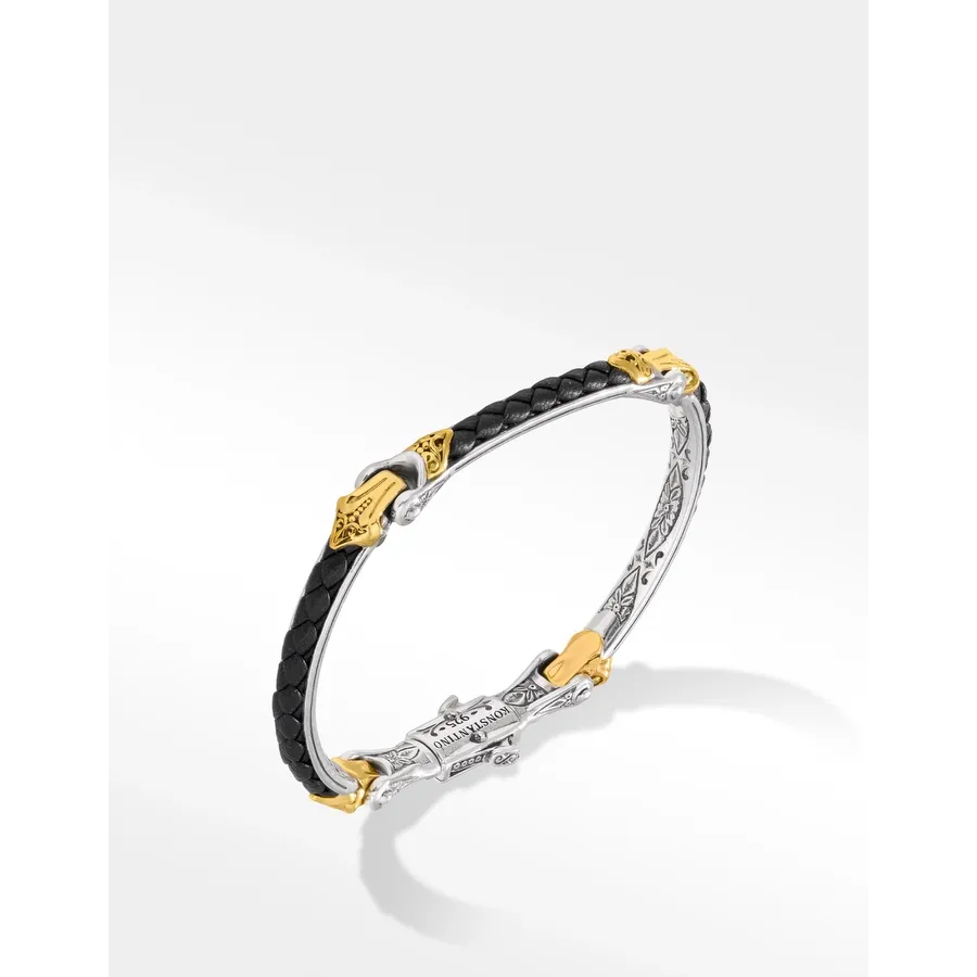 Konstantino Mens Alchemy Silver and Bronze Black Leather Bracelet