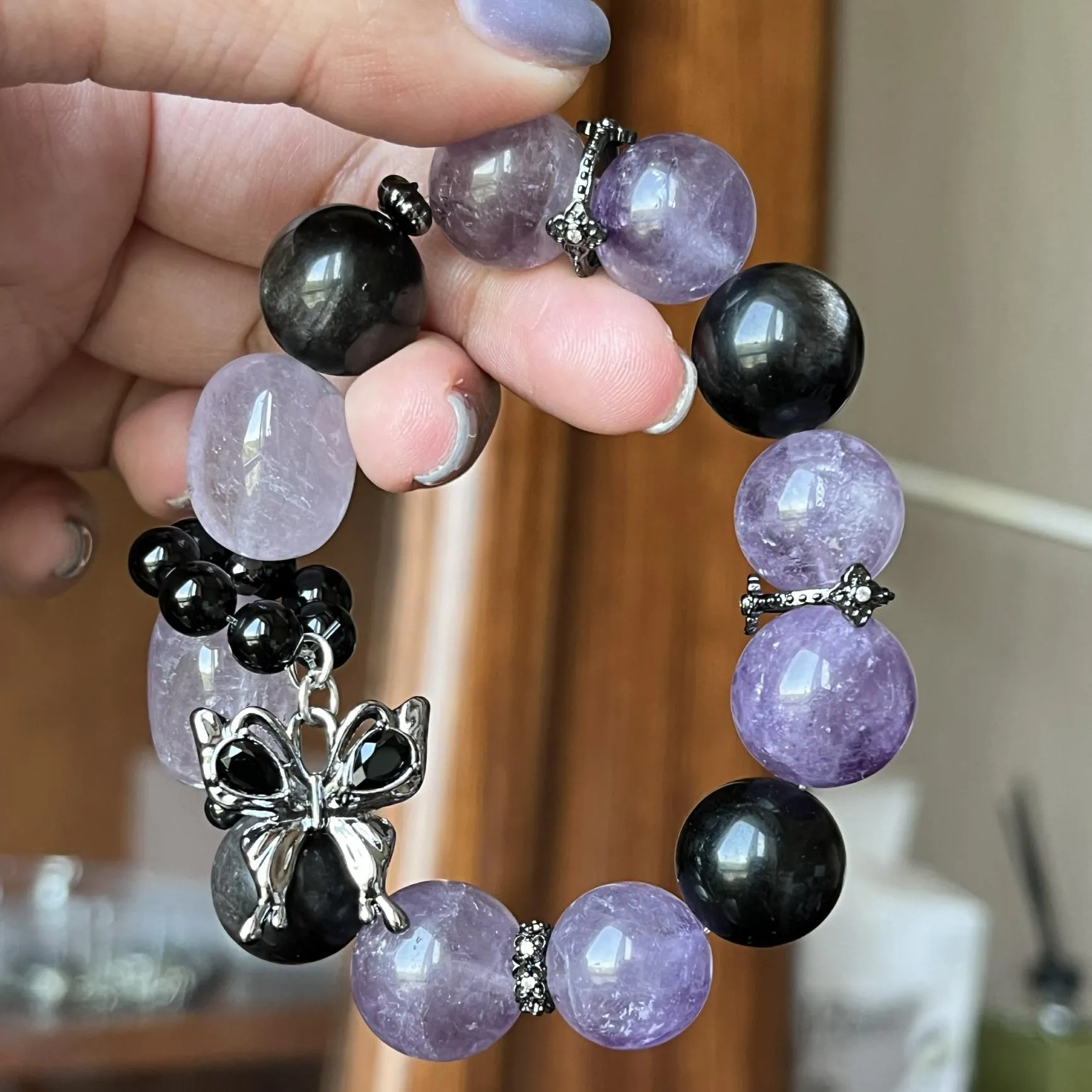Lavender Amethyst and Obsidian Butterfly Bracelet