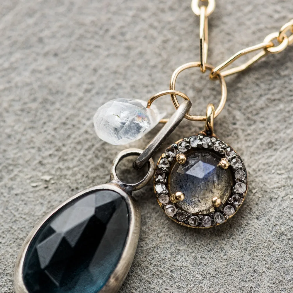 London Blue Topaz Necklace with Moonstone and Diamond Halo Labradorite