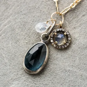 London Blue Topaz Necklace with Moonstone and Diamond Halo Labradorite