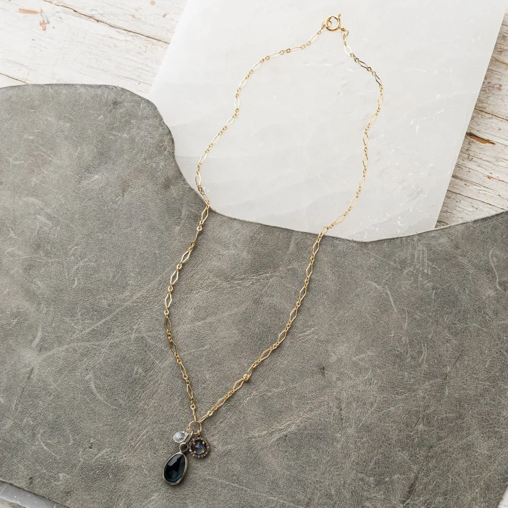 London Blue Topaz Necklace with Moonstone and Diamond Halo Labradorite