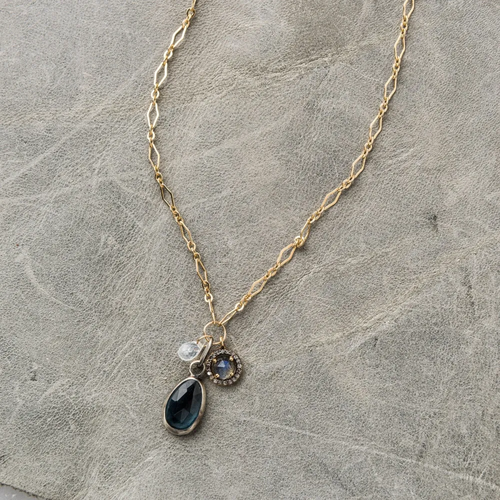 London Blue Topaz Necklace with Moonstone and Diamond Halo Labradorite