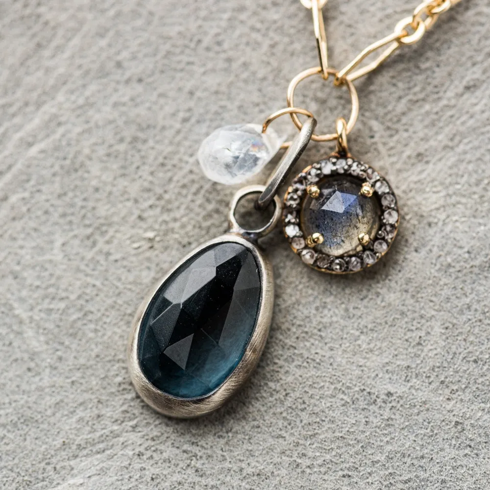 London Blue Topaz Necklace with Moonstone and Diamond Halo Labradorite