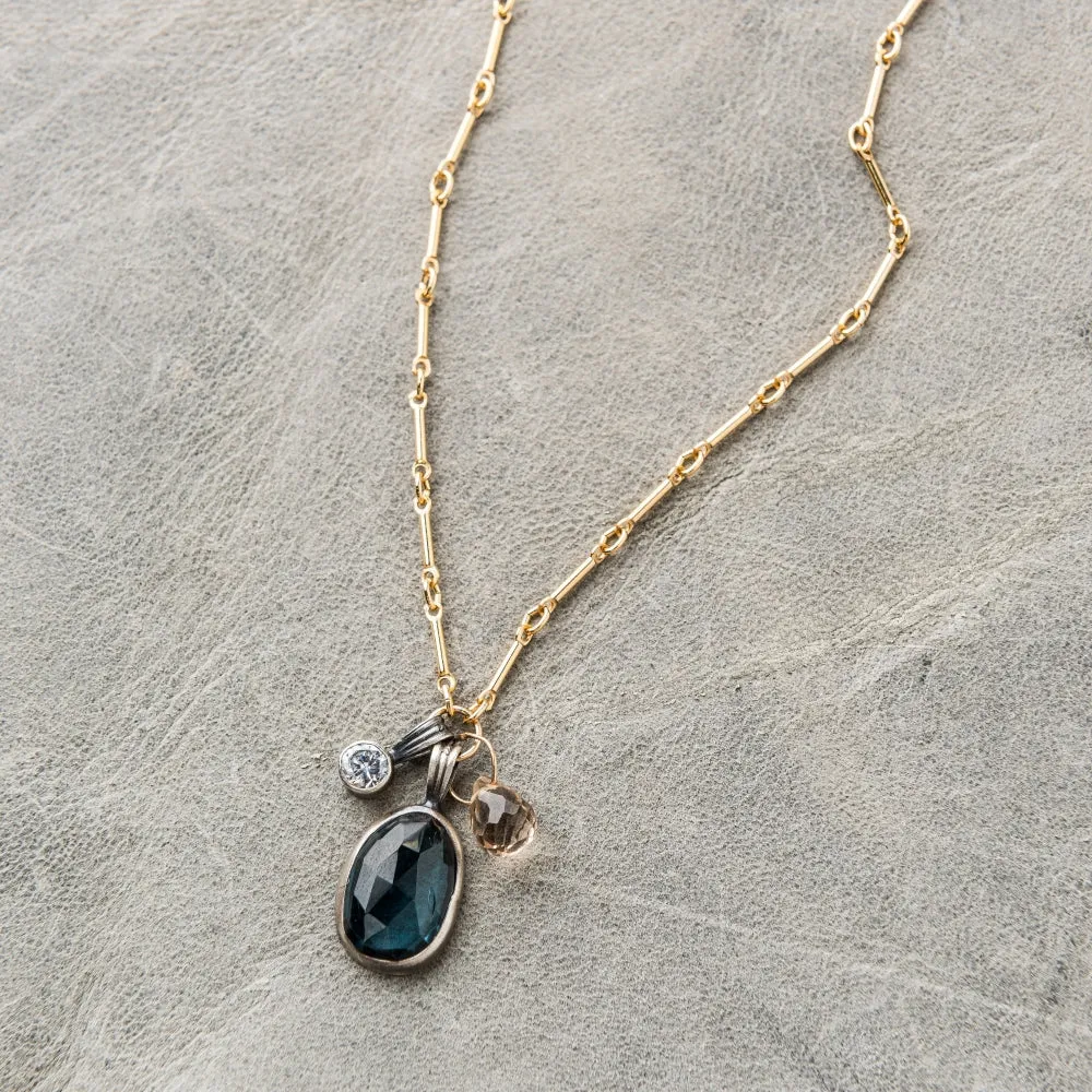London Blue Topaz Necklace with White Topaz and Champagne Zircon