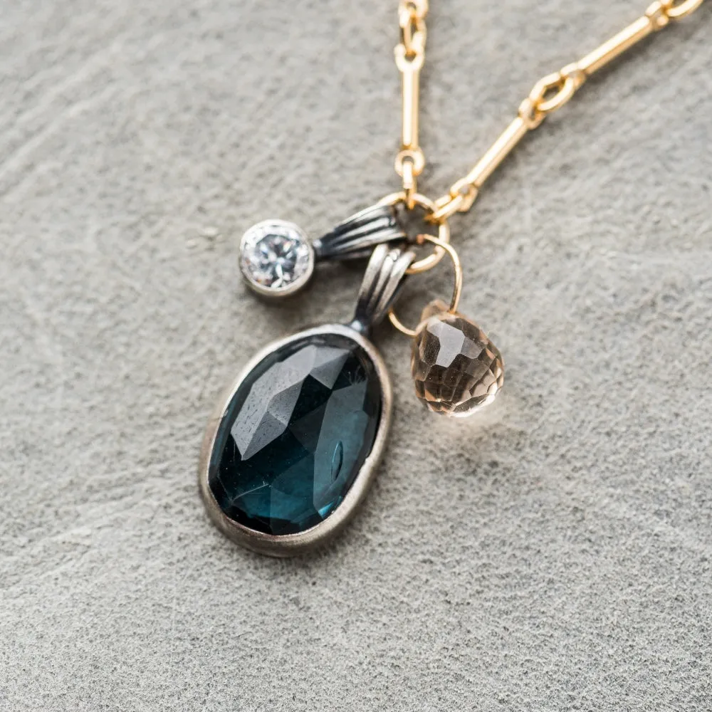 London Blue Topaz Necklace with White Topaz and Champagne Zircon