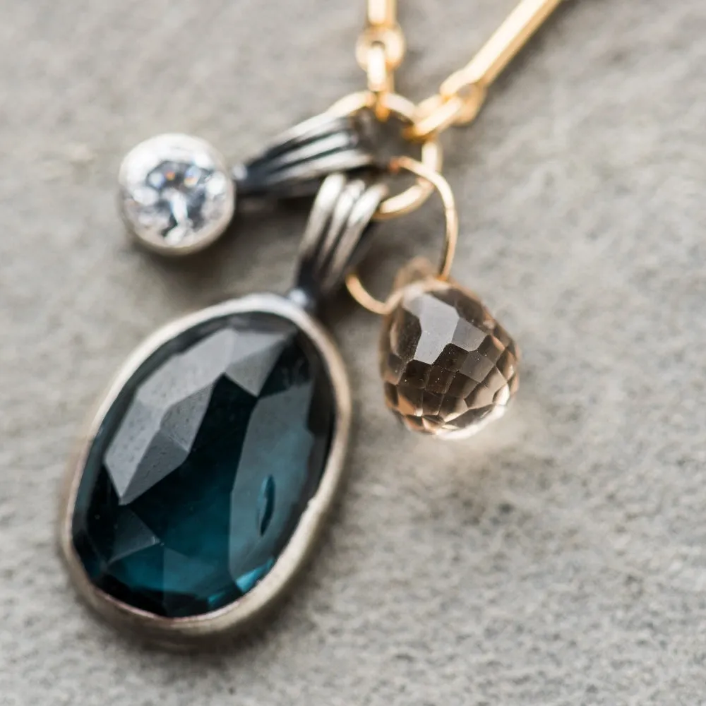 London Blue Topaz Necklace with White Topaz and Champagne Zircon