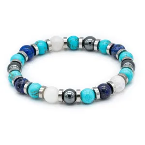 Men's Prosperity and Clarity Beaded Bracelet with Lapis Lazuli, Belomorite (Moonstone), Hematite, Turquoise and Silver Steel