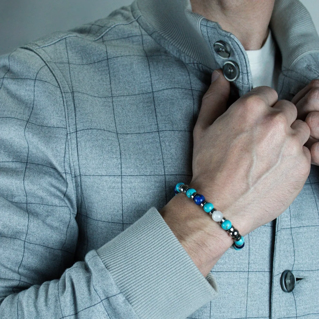 Men's Prosperity and Clarity Beaded Bracelet with Lapis Lazuli, Belomorite (Moonstone), Hematite, Turquoise and Silver Steel