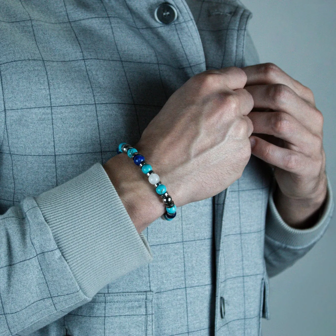 Men's Prosperity and Clarity Beaded Bracelet with Lapis Lazuli, Belomorite (Moonstone), Hematite, Turquoise and Silver Steel