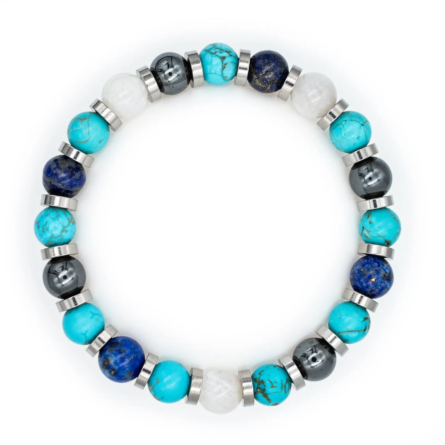 Men's Prosperity and Clarity Beaded Bracelet with Lapis Lazuli, Belomorite (Moonstone), Hematite, Turquoise and Silver Steel