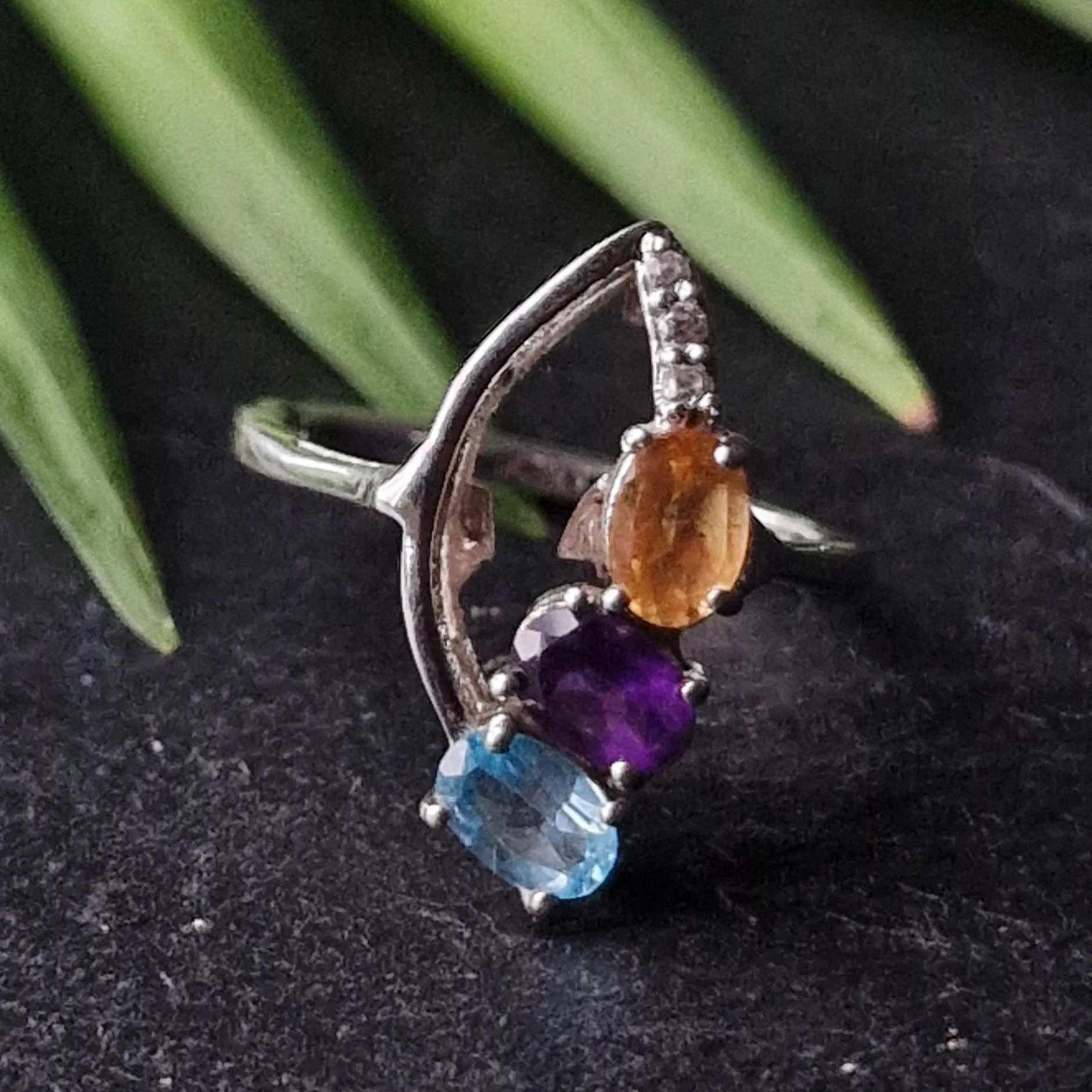 Multi Stone Amethyst Aquamarine and Citrine Silver 925 Ring