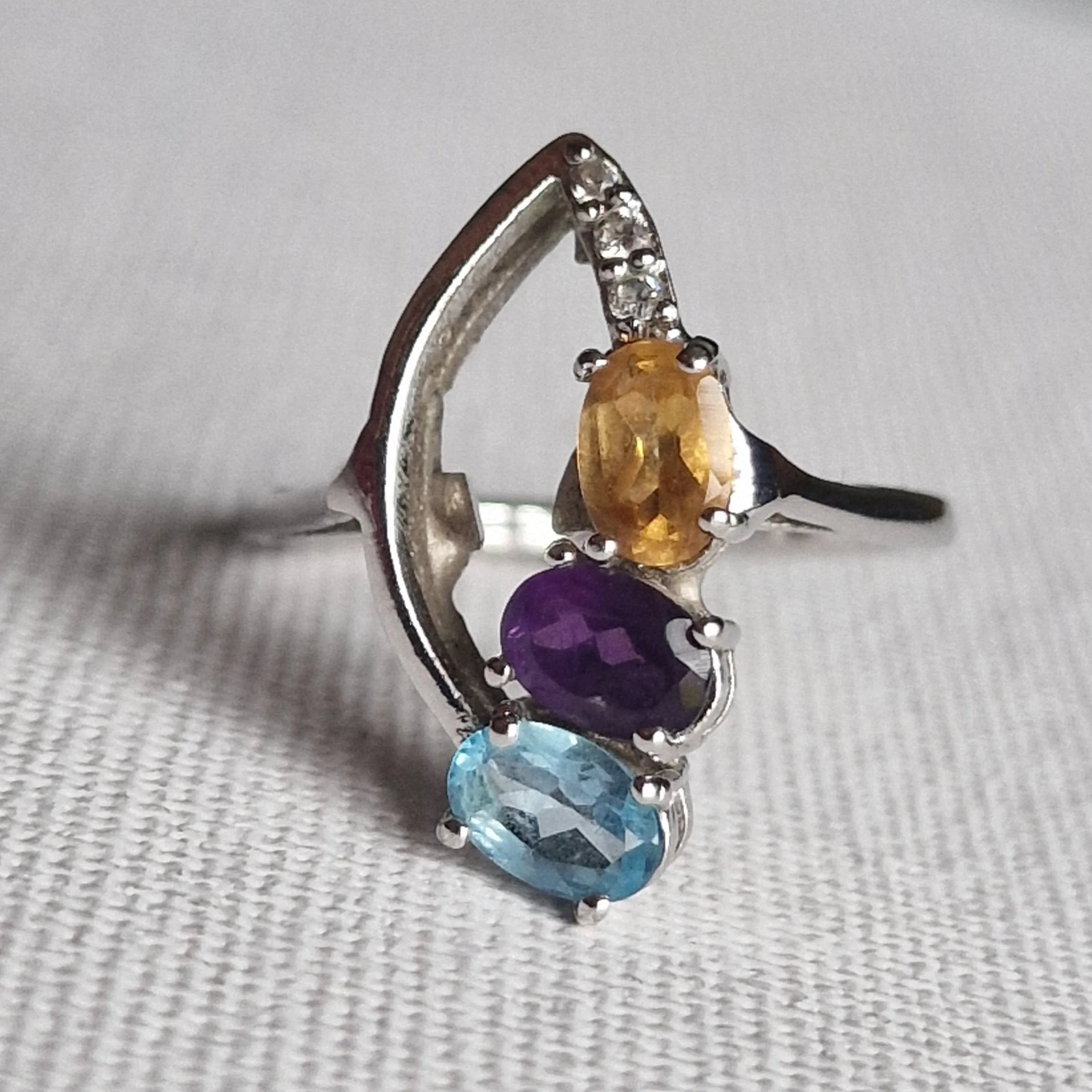 Multi Stone Amethyst Aquamarine and Citrine Silver 925 Ring