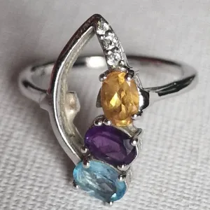 Multi Stone Amethyst Aquamarine and Citrine Silver 925 Ring
